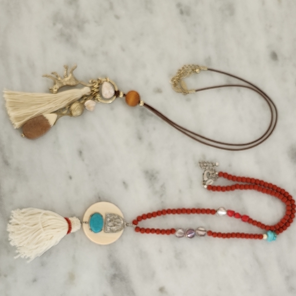 Bohemian Tassel Necklace Set - Cream and Red (2)
